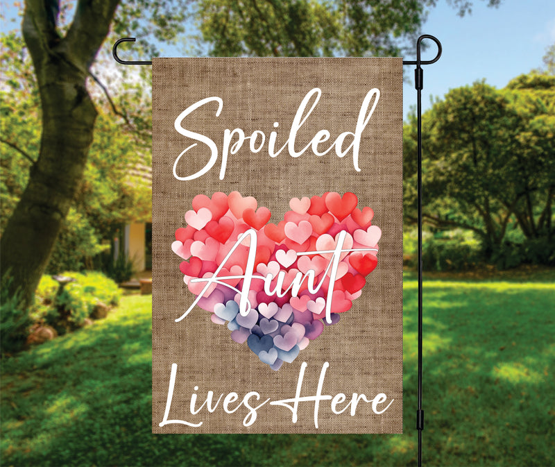 Burlap Spoiled Aunt Lives Here Garden Flag