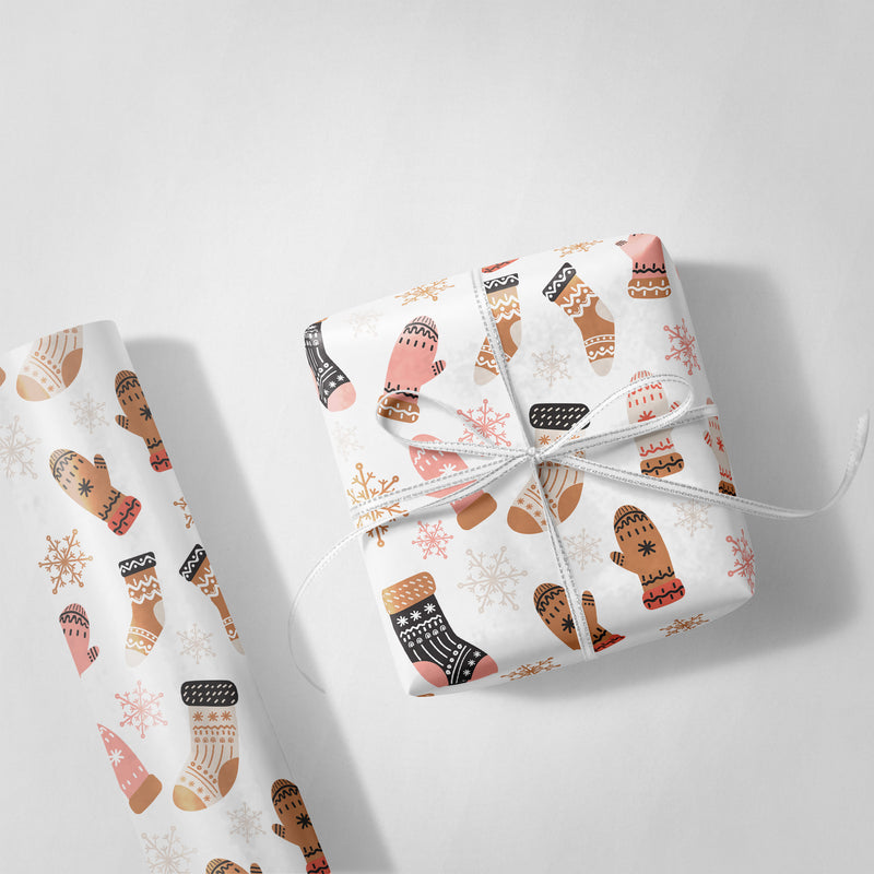 White Mittens and Stockings Wrapping Paper