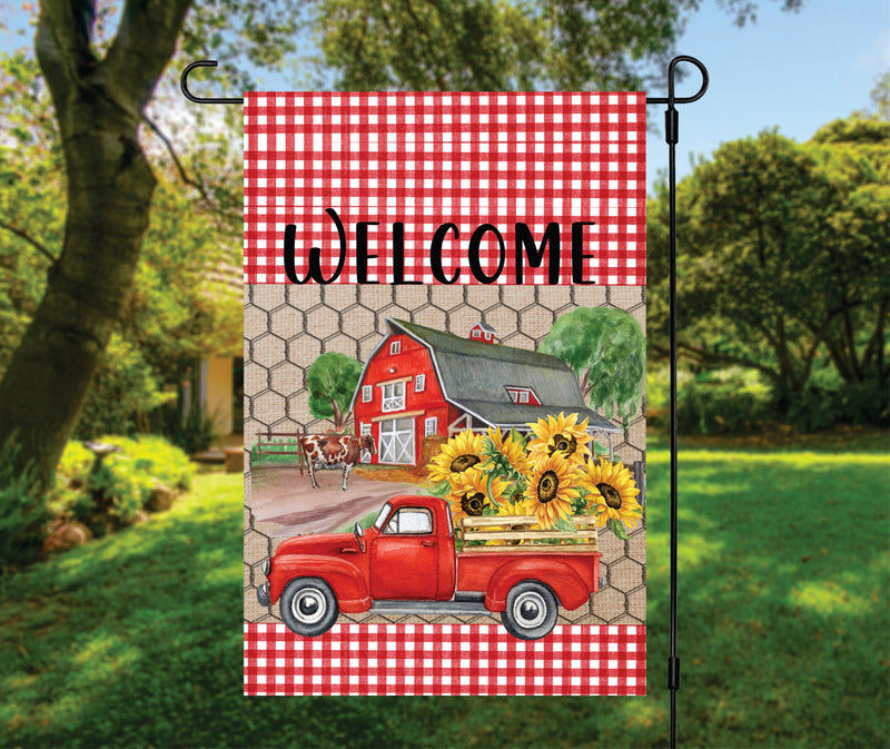 Welcome Sunflower Plaid Garden Flag