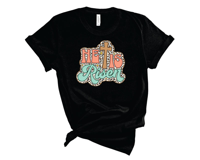 He Is Risen Retro Leopard Peach Mint - Graphic Tee