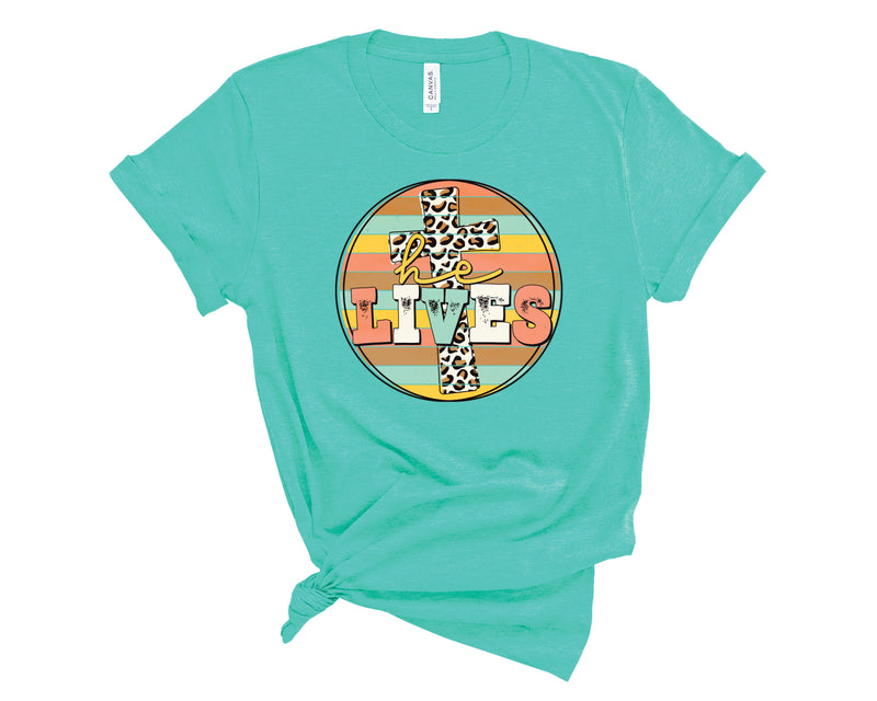 He Lives Circle Cross Leopard Peach - Graphic Tee