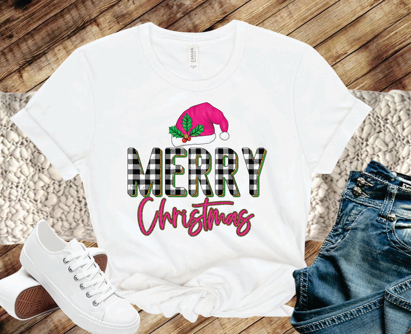 Merry Christmas Pink Plaid Glitter- Transfer