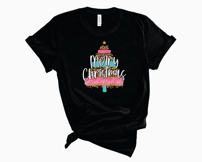 Merry Christmas Tree Pink,Blue & Leopard- Graphic Tee