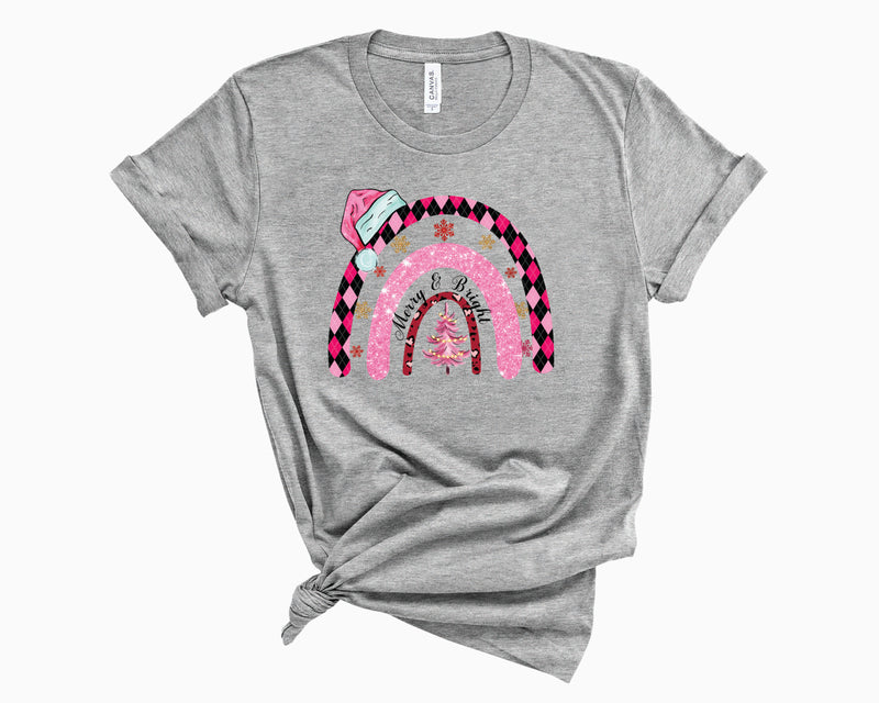 Merry & Bright Pink Hat Rainbow- Graphic Tee