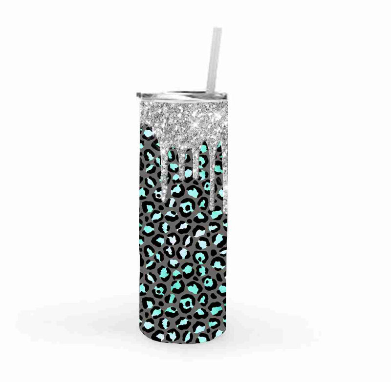 20 Skinny Sublimation Wrap- Gray/Mint Leopard with Silver Glitter