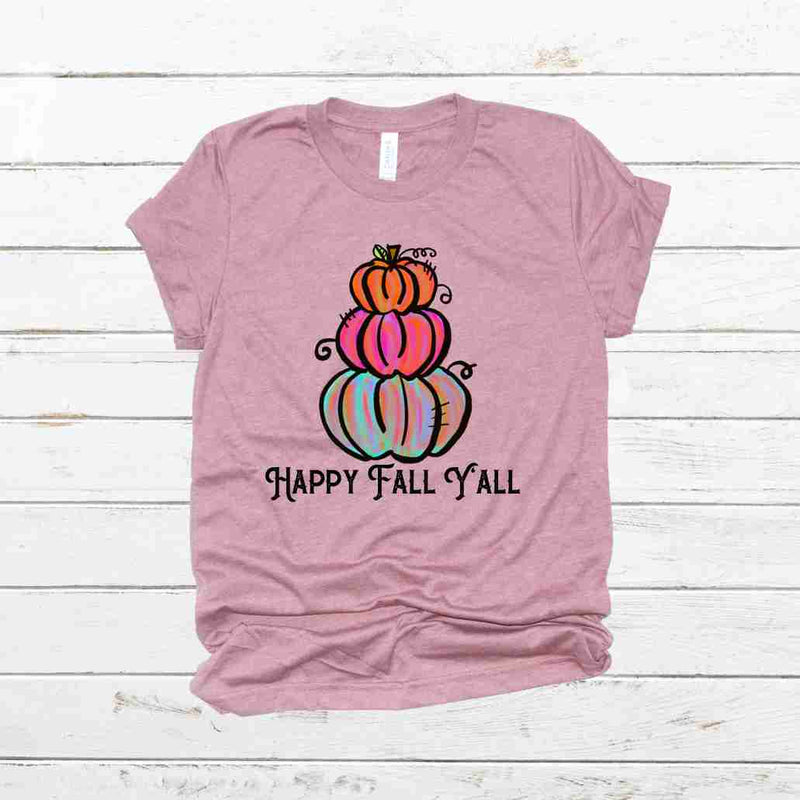 happy Fall Yall Colorful Stacked Pumpkins Shirt--Light Pink
